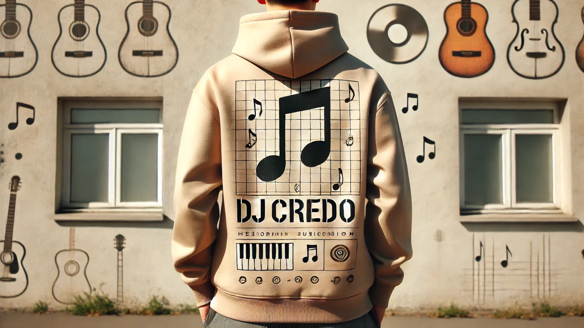 DALL·E 2024-06-20 17.20.03 - A person wearing a natural-looking hoodie with a music theme, seen from the back. The hoodie features the text 'DjCredo' prominently on the back, with
